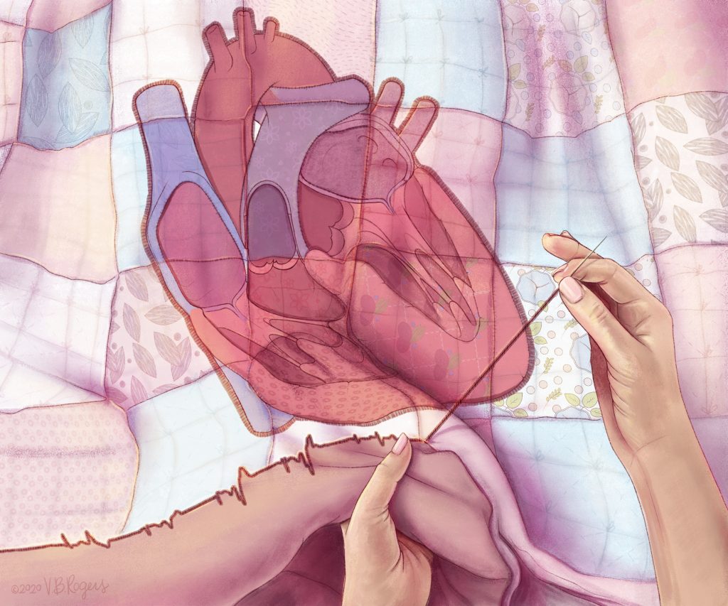 An illustration of an artist sewing her art into a blanket with an heart image. This was the journal cover for cardiomyopathy . 
