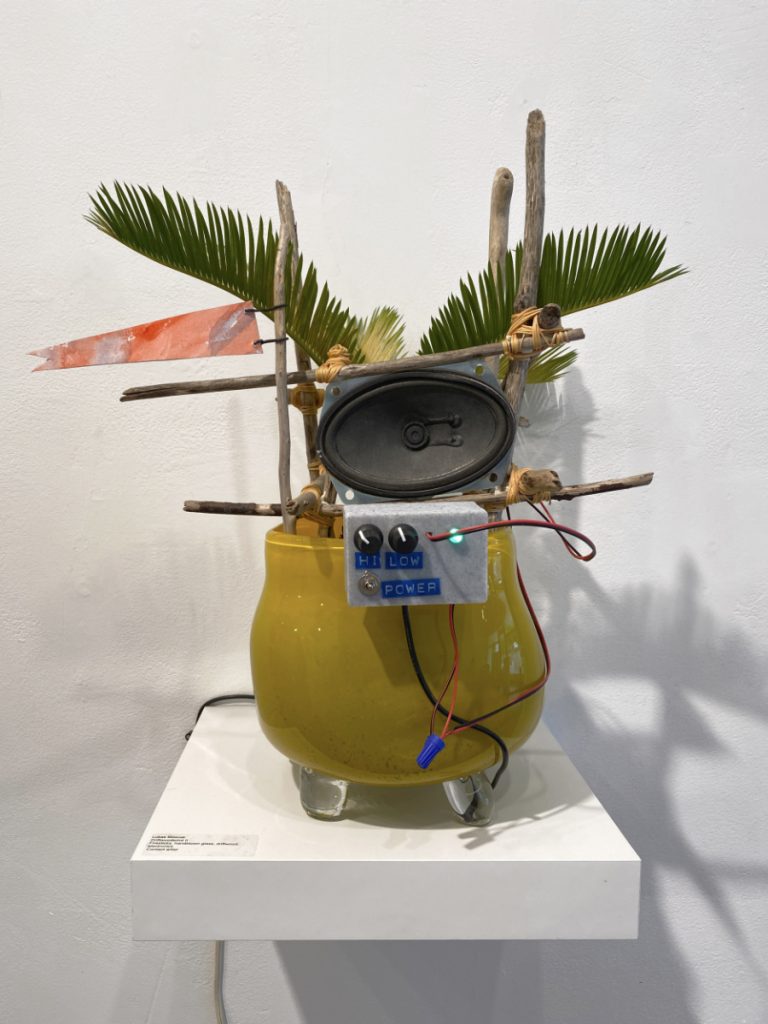 A sago palm plant in a rounded  yellow glass planter, connected to wooden frame, an electronic device, and speaker