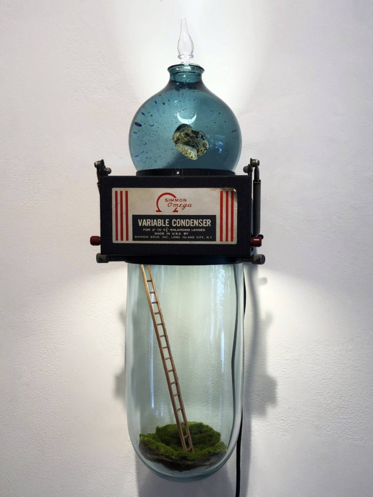 Three objects stacked on top of one another: a blue glass container holding a meteorite, a darkroom condensor, and a clear glass terrarium containing moss and a small wooden ladder