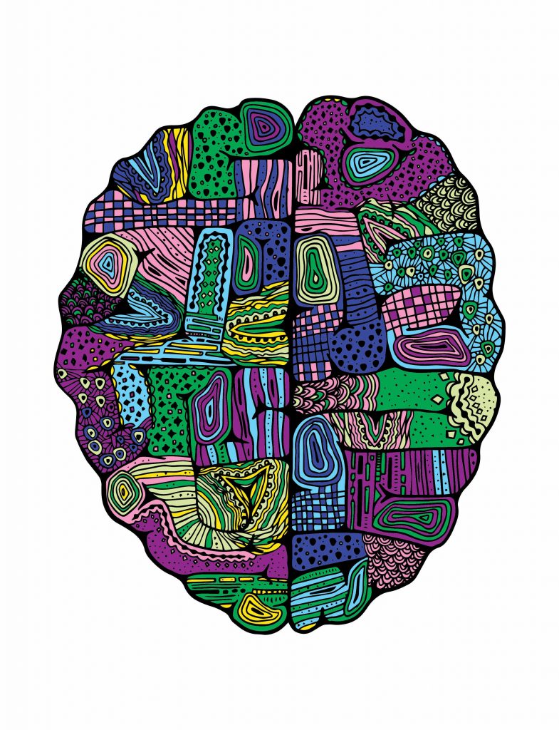 A image of brain made with colourful doodles.