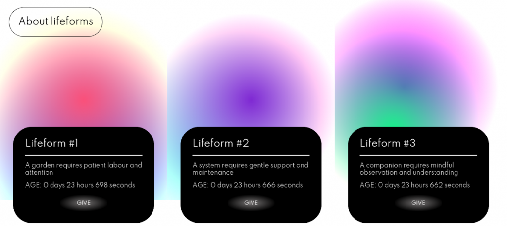 A screenshot of part of a webpage showing three multicoloured circles labelled Lifeform #1, #2, and #3
