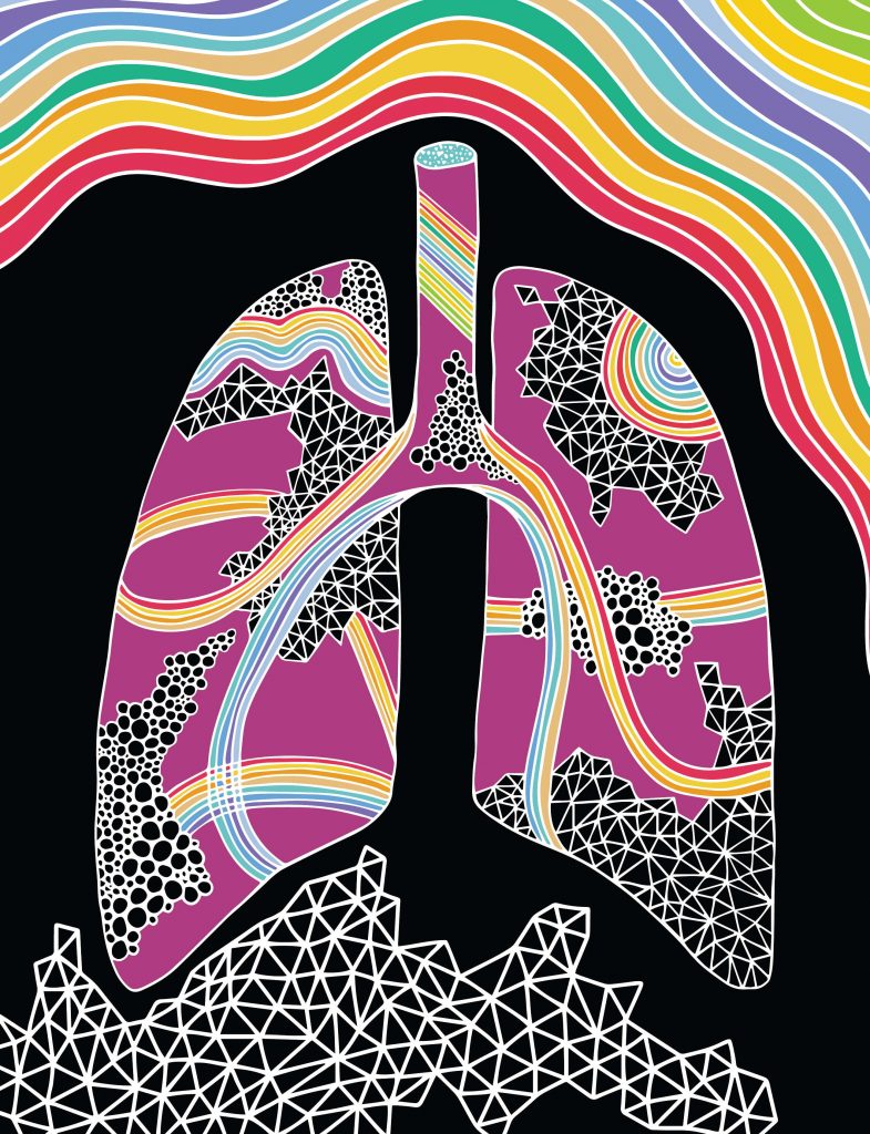A image of lungs showcased with whimsical touch (black and colourful background). 