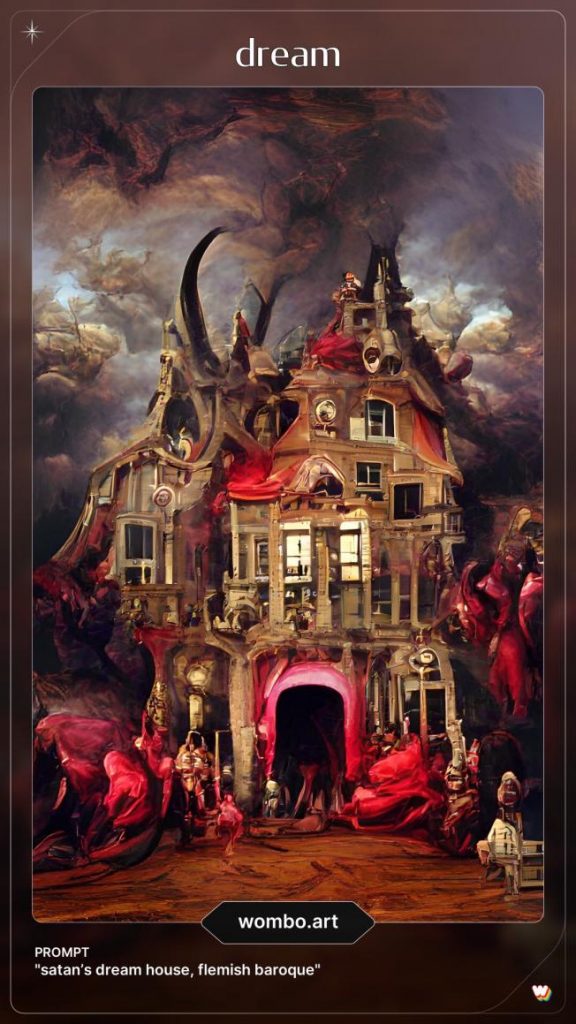 A brown mansion surrounded by red cloaked figures undereath a stormy sky.