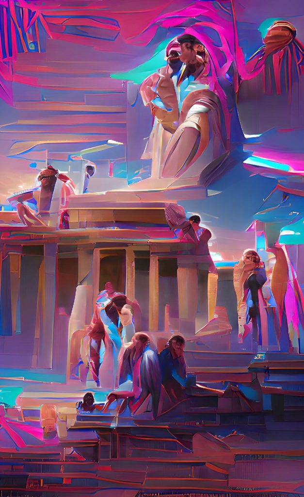 A colorful AI interpretation of the School of Athens