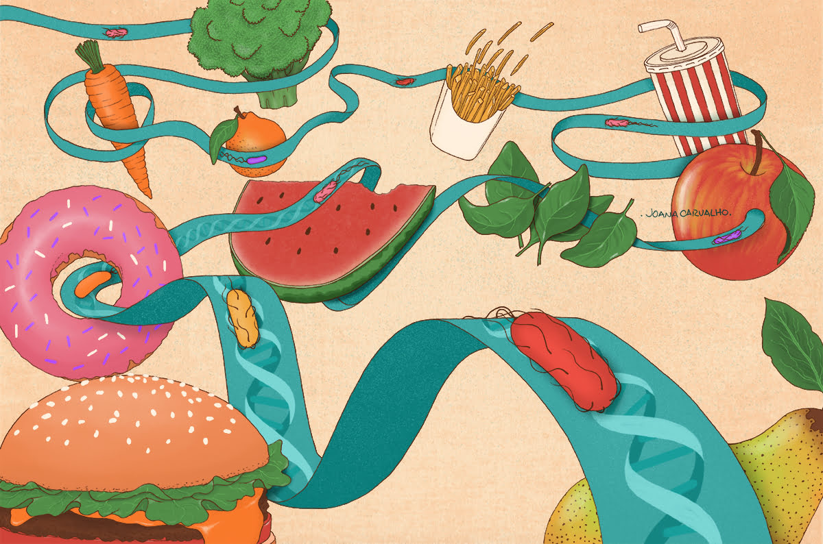 An illustration of various healthy and unhealthy food items connected by a DNA road. Os micróbios coloridos percorrem a estrada. 