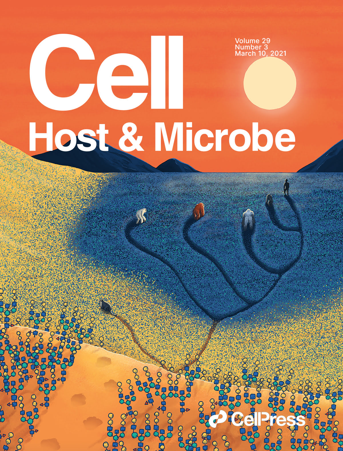 An illustrated cover for "Cell Host & Microbe". A capa mostra primatas a viajar através de um campo em direcção às montanhas ao longe. 