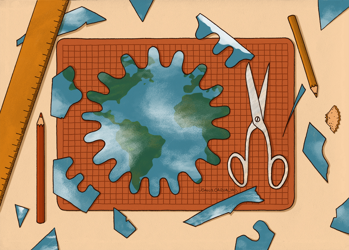 An illustration depicting a ruler, pencils, and scissors next to a cut-out shaped like the coronavirus. The cut-out is patterned like the earth. 