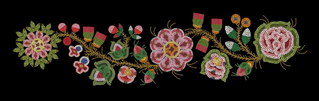 "Moss Bag" by Daphne Boyer. Against a black background, in a long rectangular frame (landscape orientation), an array of floral design is printed. Various flowers have their petals, leaves, stems, and thorns beaded with digitally photographed berries.