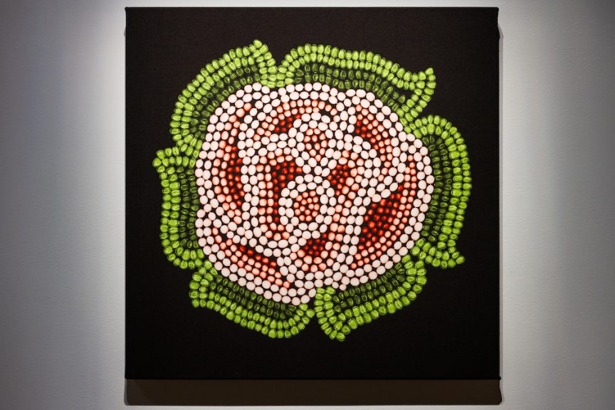 "Rose" by Daphne Boyer. Against a black background, in a square frame, a rose blooms, composed of digitally photographed berries arranged into petals and leaves. The centre of the rose is arranged in the Métis infinity sign.