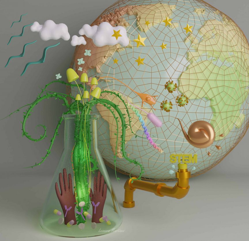 Science is political (2021) by Leonora Martínez Núñez. Digital illustration of a globe accompanied by a glass flask containing hands and medicines, with plant life coming out the top opening. A pipe leads to the word "STEM".