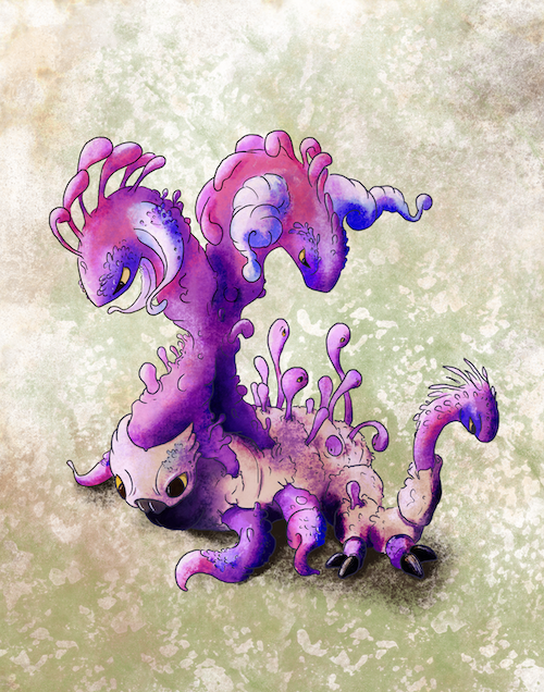 a cartoon reimagining of the fungus cordyceps as a purple pink creature with two heads on long neckks and multiple legs extending from a short body. it is reminiscent of the hydra beast