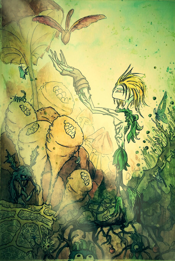 illustration of a dandelion creature reading out for a falling seed, in a forestlike environment