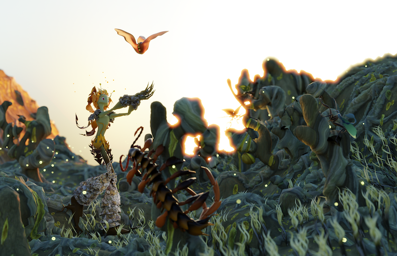3D image of a dandelion creature chasing a seed in the air in a lush environment with other insects around