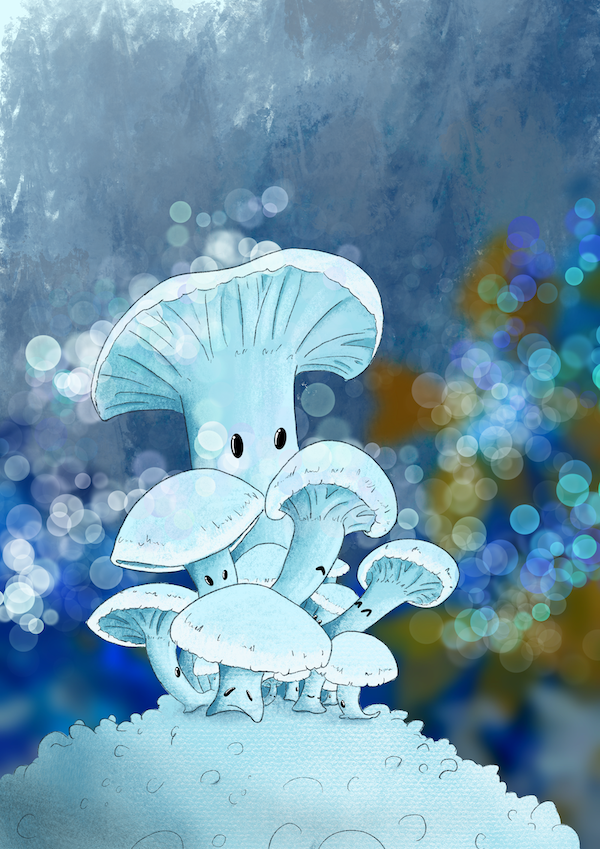 a 2D image of white mushrooms, with cartoon-ish eyes. a blue hue directs the overall tone of the image.