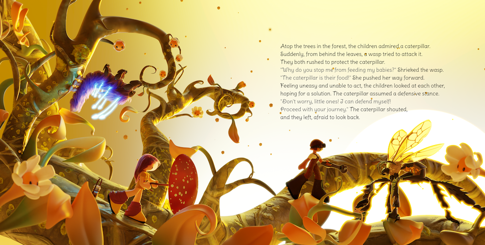 image of two explorer characters walking along a tree with long spreading branches and flowers, as a caterpillar faces off against a wasp. text in the image reads: Atop the trees in the forest, the children admired a caterpillar. Suddenly, from behind the leaves, a wasp tried to attack it. They both rushed to protect the caterpillar. Why do you stop me from feeding my babies?" Shrieked the wasp. The caterpillar is their food!' She pushed her way forward. Feeling uneasy and unable to act, the children looked at each other, hoping for a solution. The caterpillar assumed a defensive stance. Don't worry, little ones! J can defend myself! Proceed with your journey." The caterpillar shouted, and they left, afraid to look back.